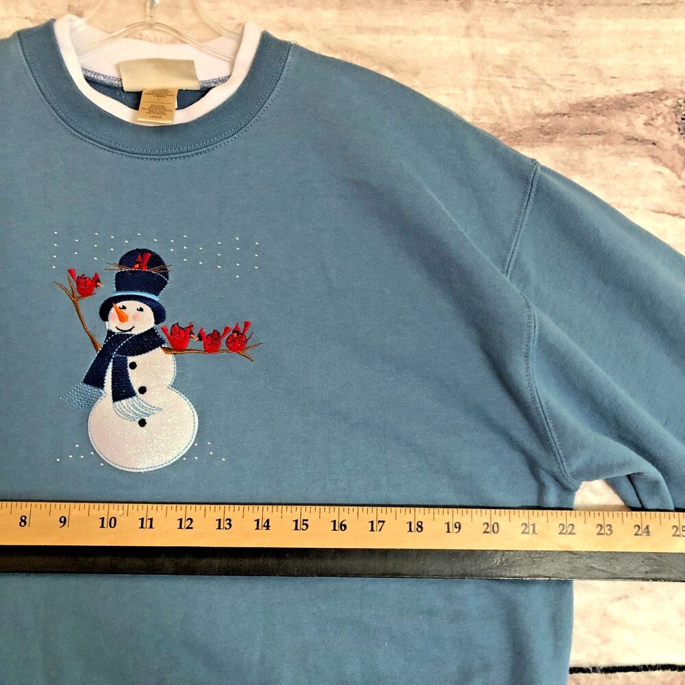 Vtg M&C Sportswear Christmas Sweatshirt L Glitter Snowman Red Cardinal Bird Cozy - Picture 8 of 10